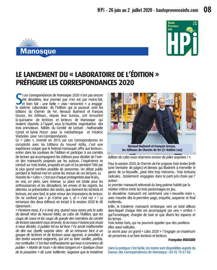 Article de presse - HPI n°26 - 2020 - "Lancement du laboratoire de l'édition préfigure les Correspondances 2020"